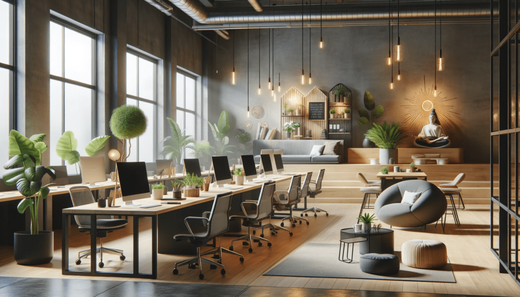 Modern coworking space with a balance of work and relaxation areas including ergonomic workstations a small cafe corner indoor plants and a quiet