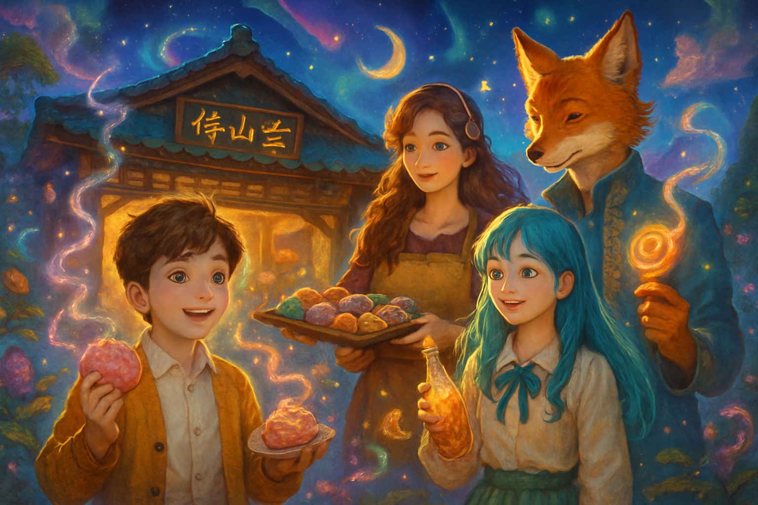 A vibrant fantasy scene featuring characters from Strange Snack Shop Jeoncheondang with magical elements