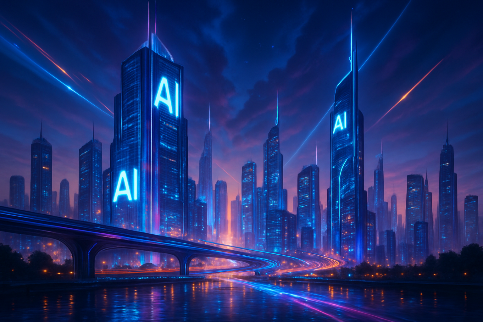 Futuristische Stadtansicht repräsentiert KI-Technologie, lebhafte Farben