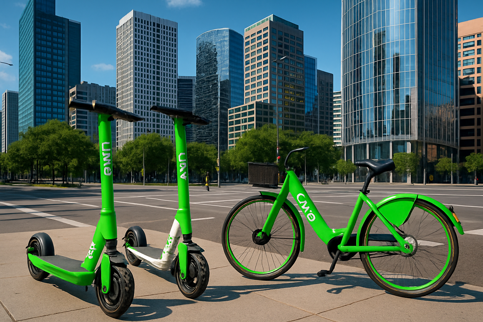 Szenen einer modernen Stadt mit Lime-Scootern, die Mikromobilität darstellen