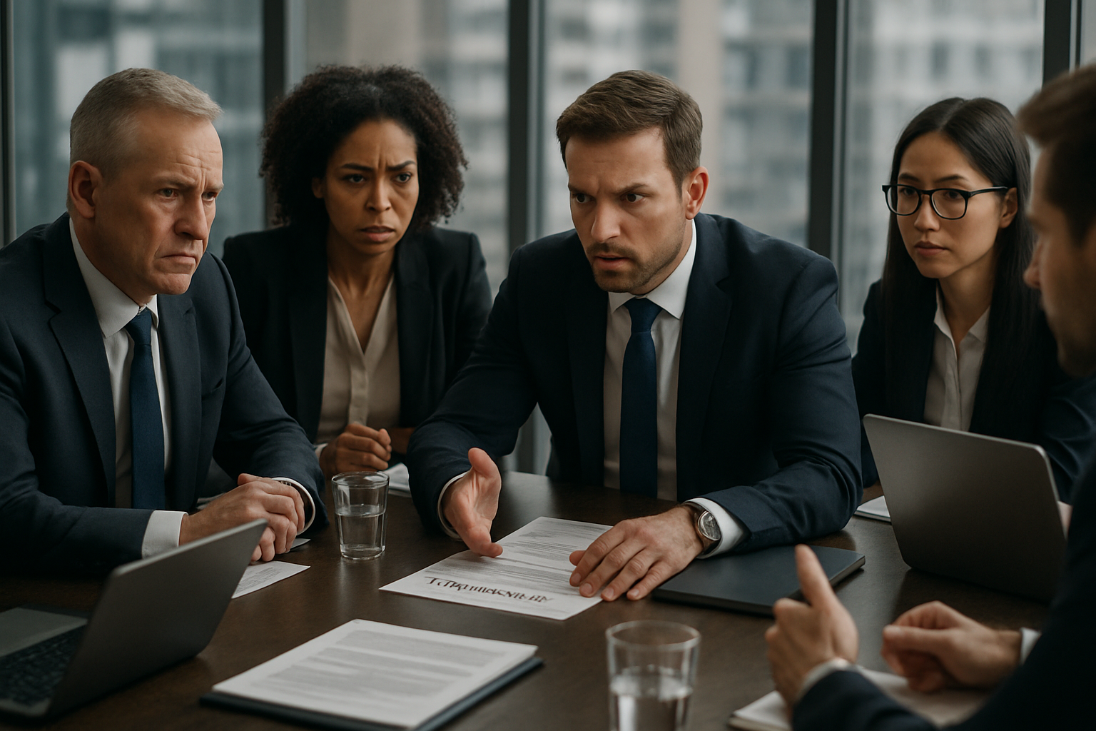 Tense boardroom meeting discussing AI governance, diverse executives, modern office
