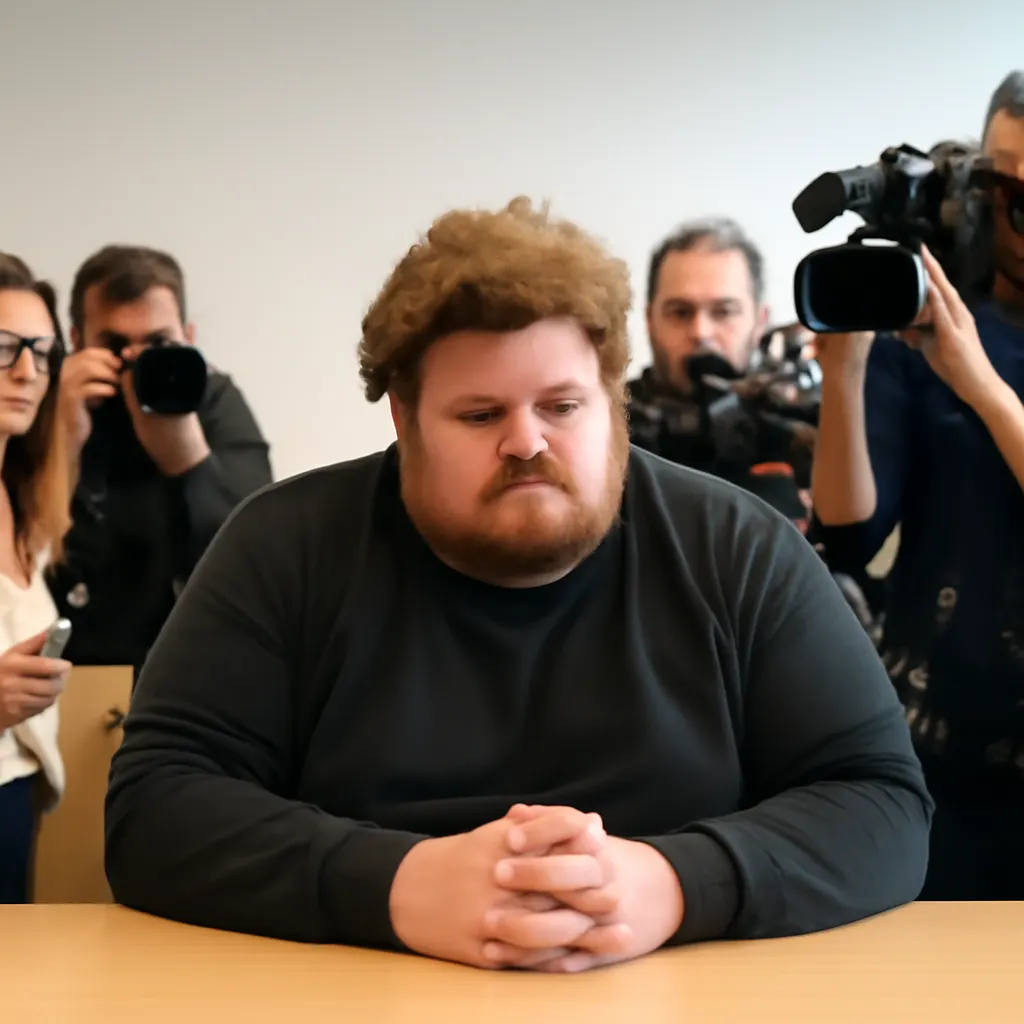 Drachenlord in einem Gerichtssaal, umgeben von Journalisten und Kameras
