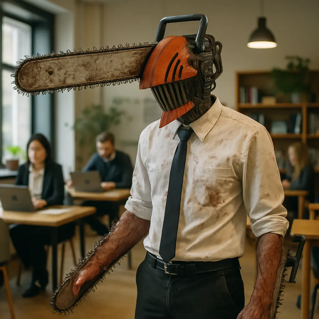 Cinematic poster for Chainsaw Man film with dramatic lighting and intense atmosphere
