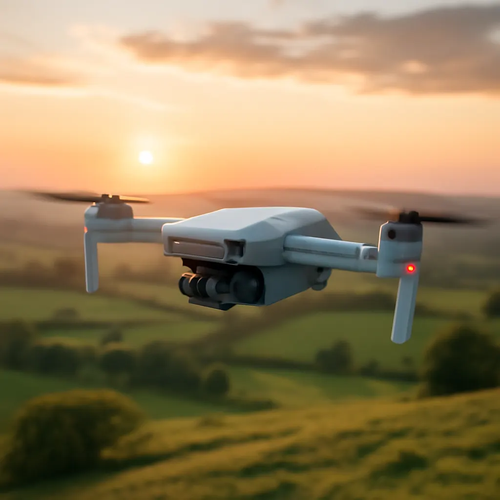DJI Mini 4K Drohne: Innovation am Himmel 2 DJI Mini 4K Drohne über einer grünen Landschaft bei Sonnenuntergang