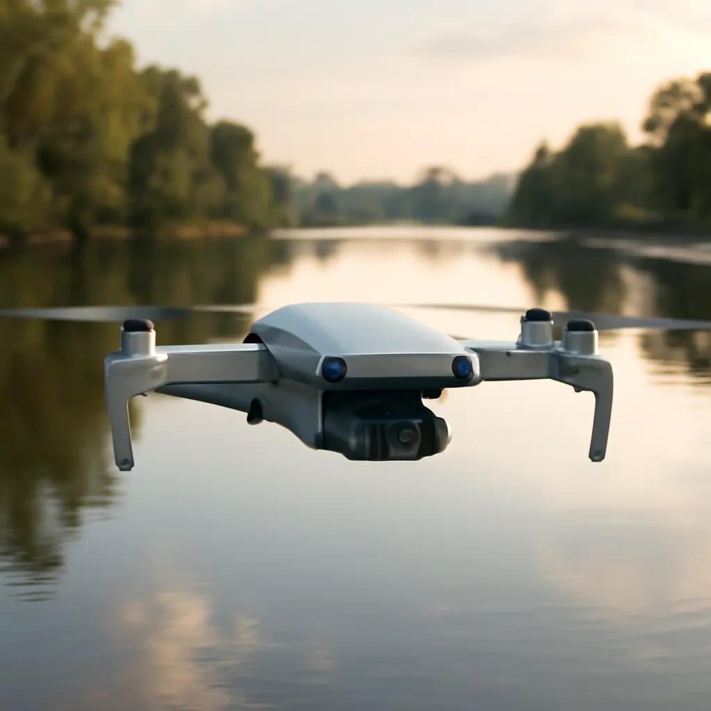 DJI Mini 4K Drohne: Innovation am Himmel 3 DJI Mini 4K Drohne in der Nähe eines Flusses mit reflektierendem Wasser