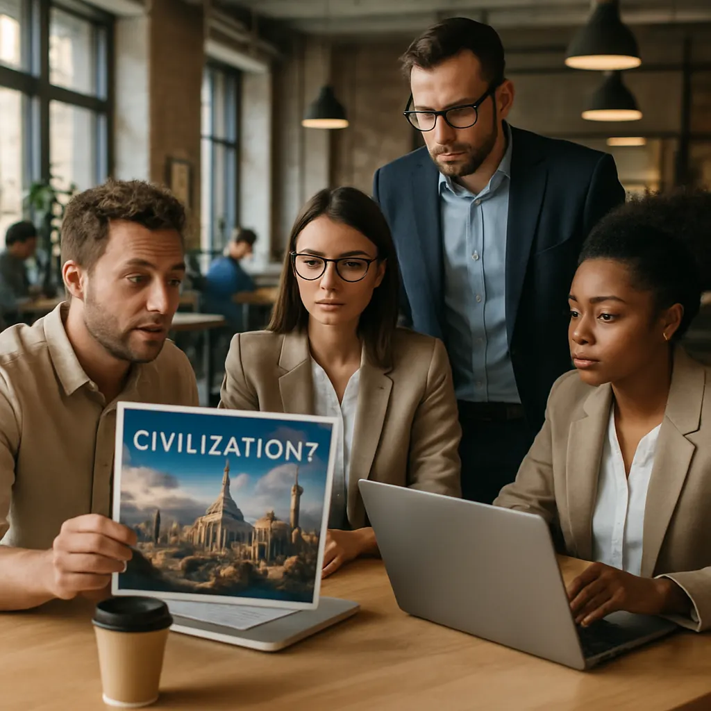 Futuristische Stadtlandschaft aus Civilization 7 Spiel, lebendige Farben, epische Atmosphäre