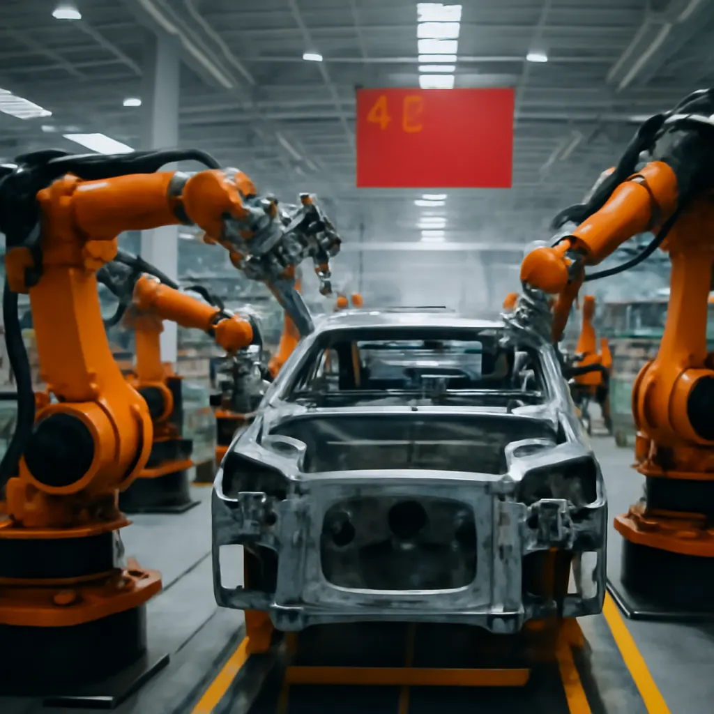 photorealistic image of industrial robots assembling car parts in a Chinese factory, modern and efficient setting
