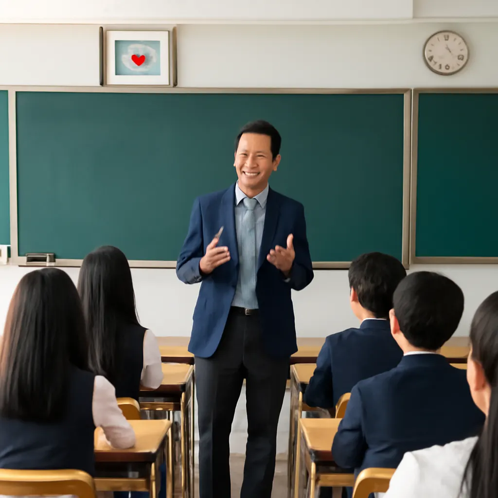 Szene aus einem südkoreanischen Klassenzimmer, Lehrer hält eine inspirierende Rede vor Schülern