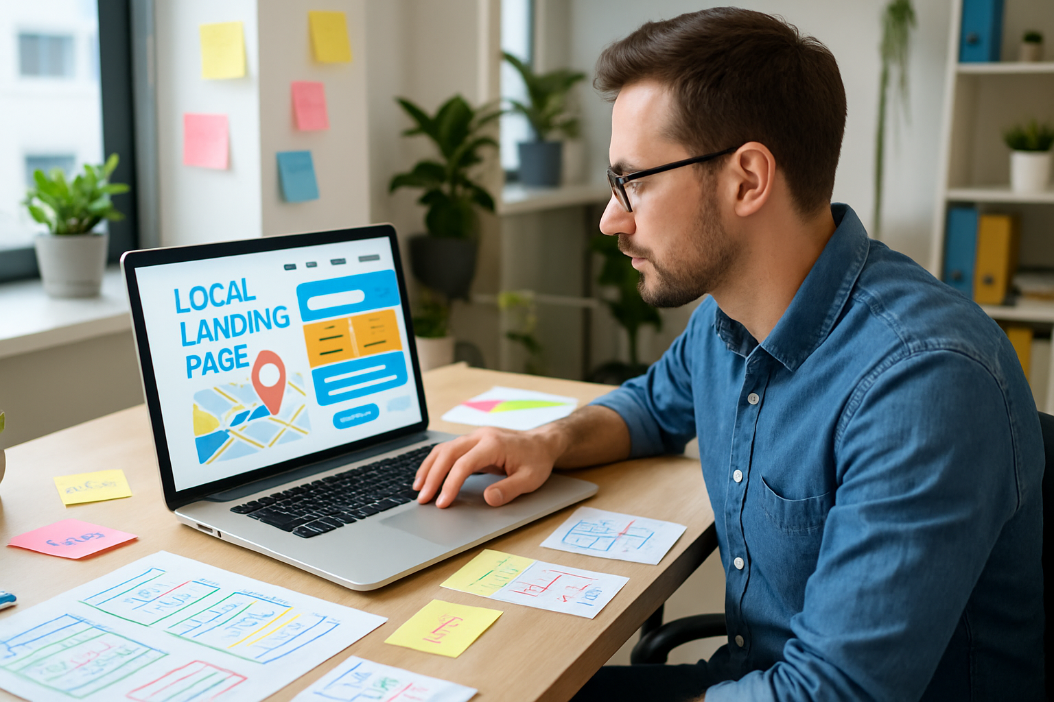 Designer plant lokale Landingpage mit Notizen und Skizzen