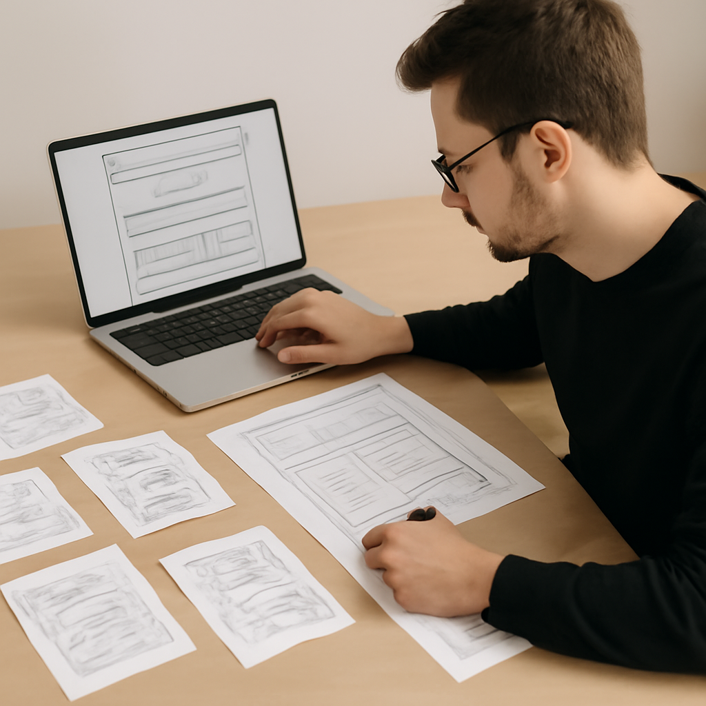 ein Designer, der an einer Landingpage arbeitet, umgeben von Notizen und Skizzen