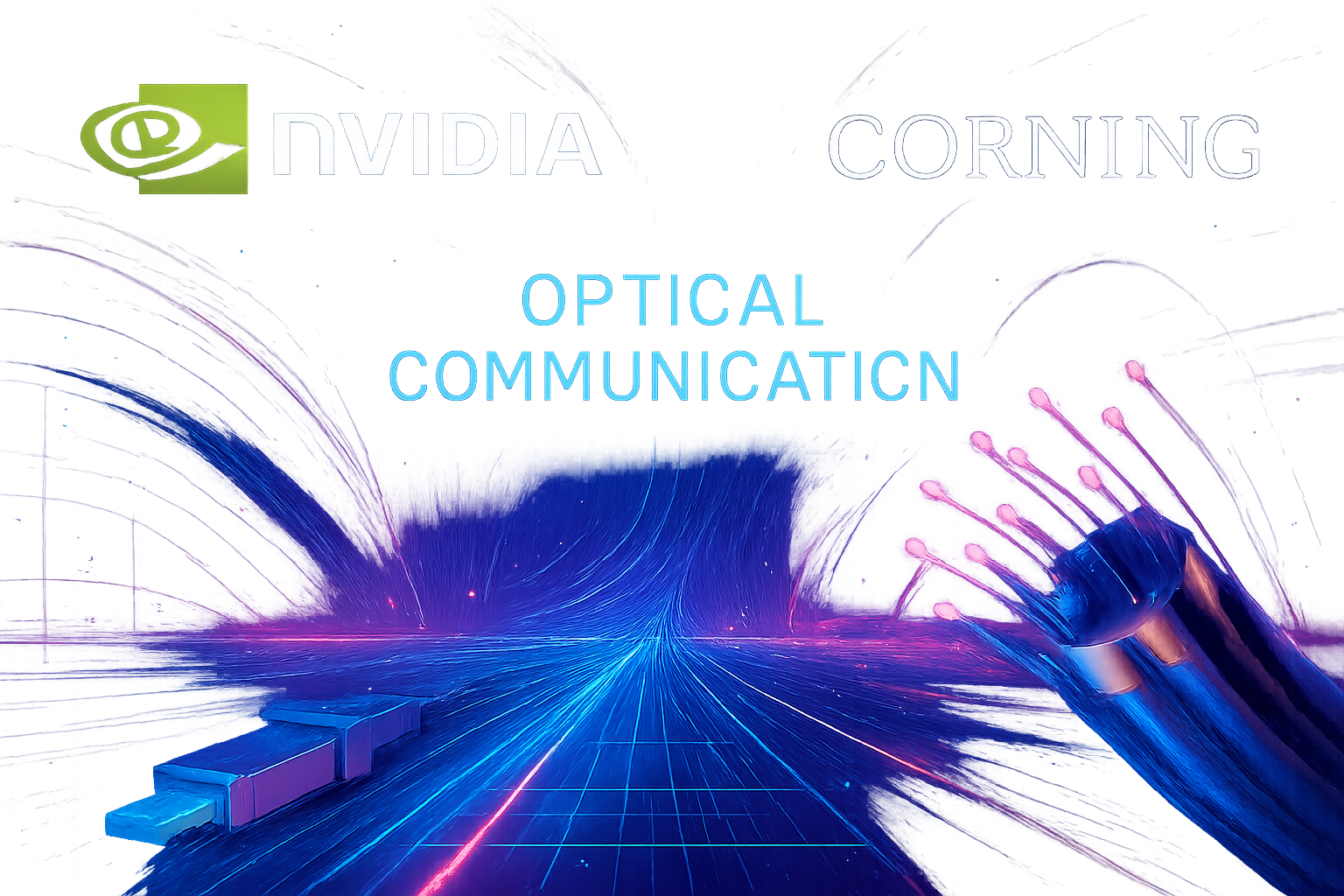 Digitale Landschaft mit optischer Kommunikationstechnologie und Nvidia, Corning Logos