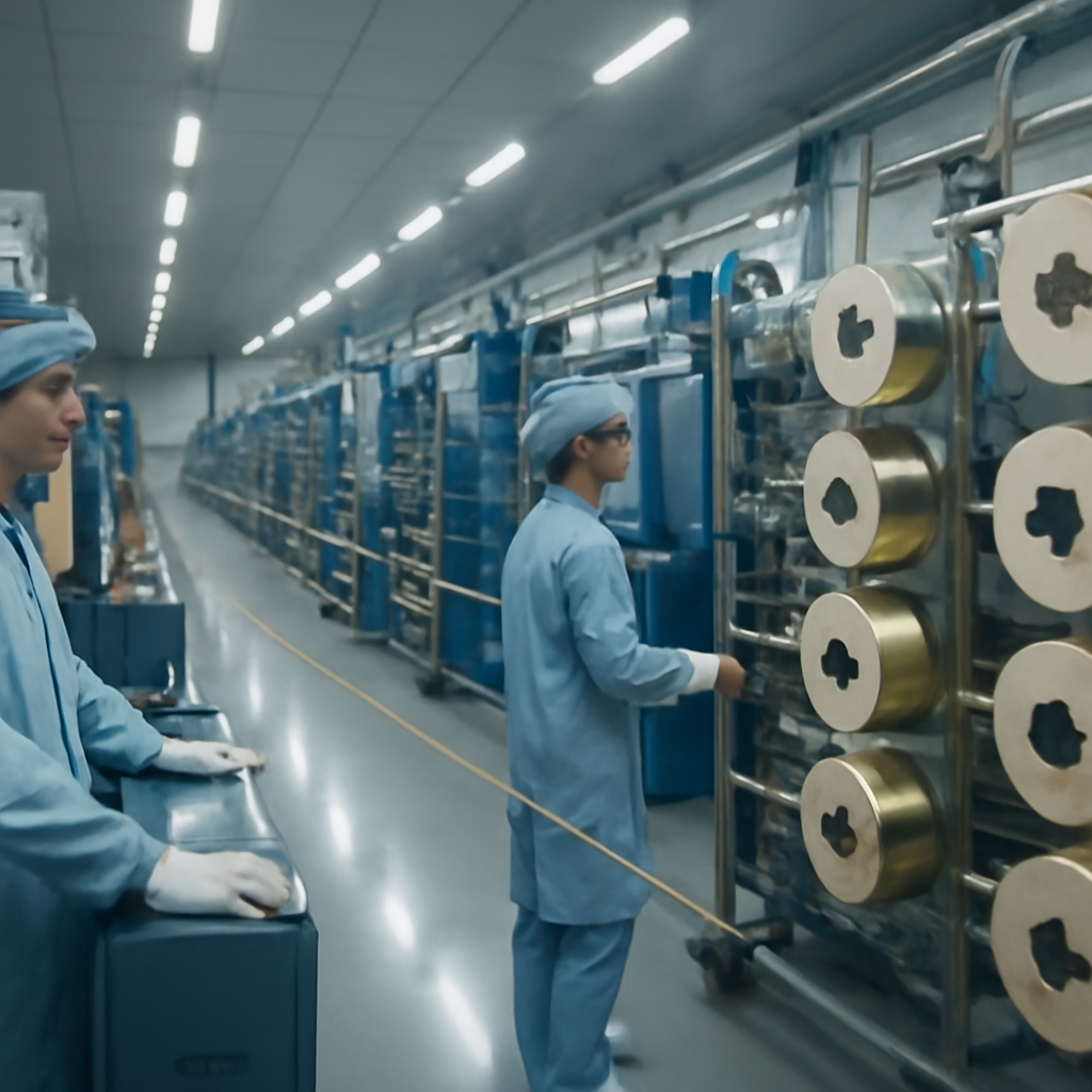Moderne Produktionsanlage für optische Fasern in China mit Arbeitern im Vordergrund