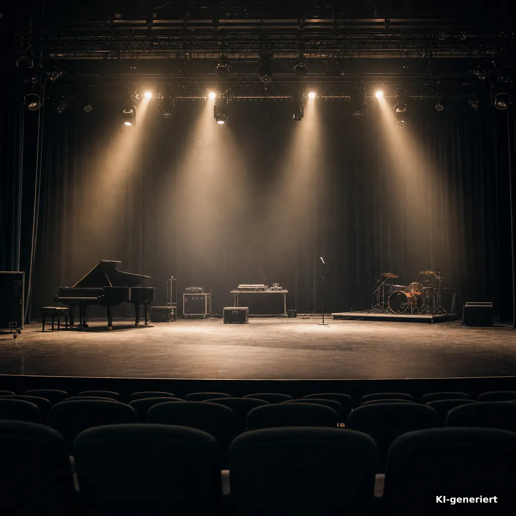 documentary-style photograph of an empty concert hall stage viewed from audience perspective, warm spotlights, muted gre