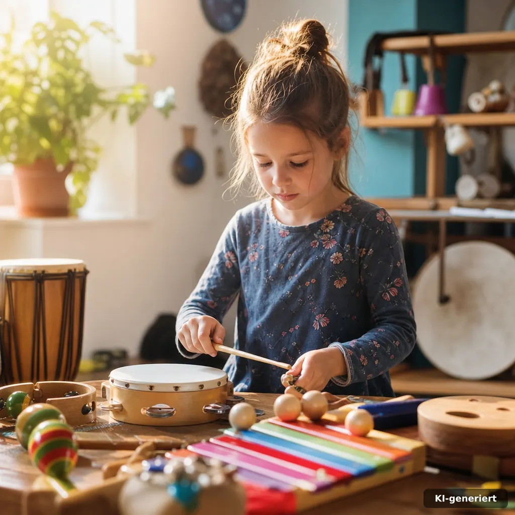 photograph of a children-friendly music workshop vibe: colorful musical instruments on a table, soft natural golden-hour