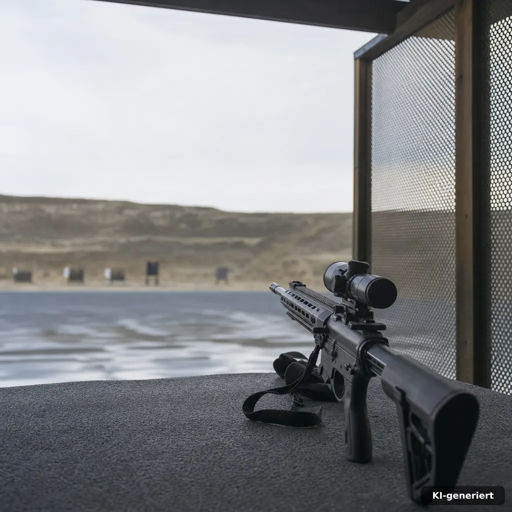 editorial photo of a tactical shooter training range with a rifle resting on a bench, subtle scope silhouette, natural d