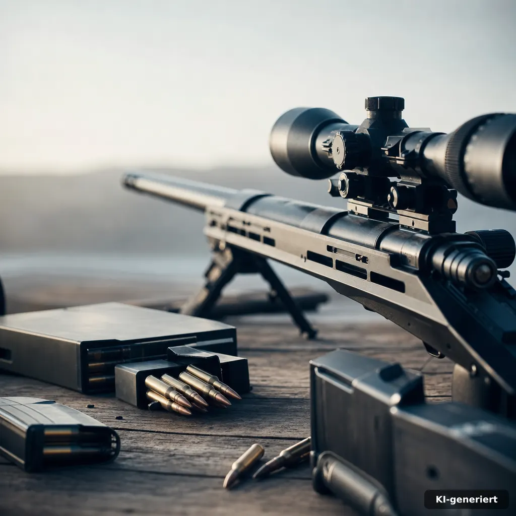 cinematic photo of a sniper scope on a rifle with surrounding ammo boxes on a wooden table, soft morning light, cool neu