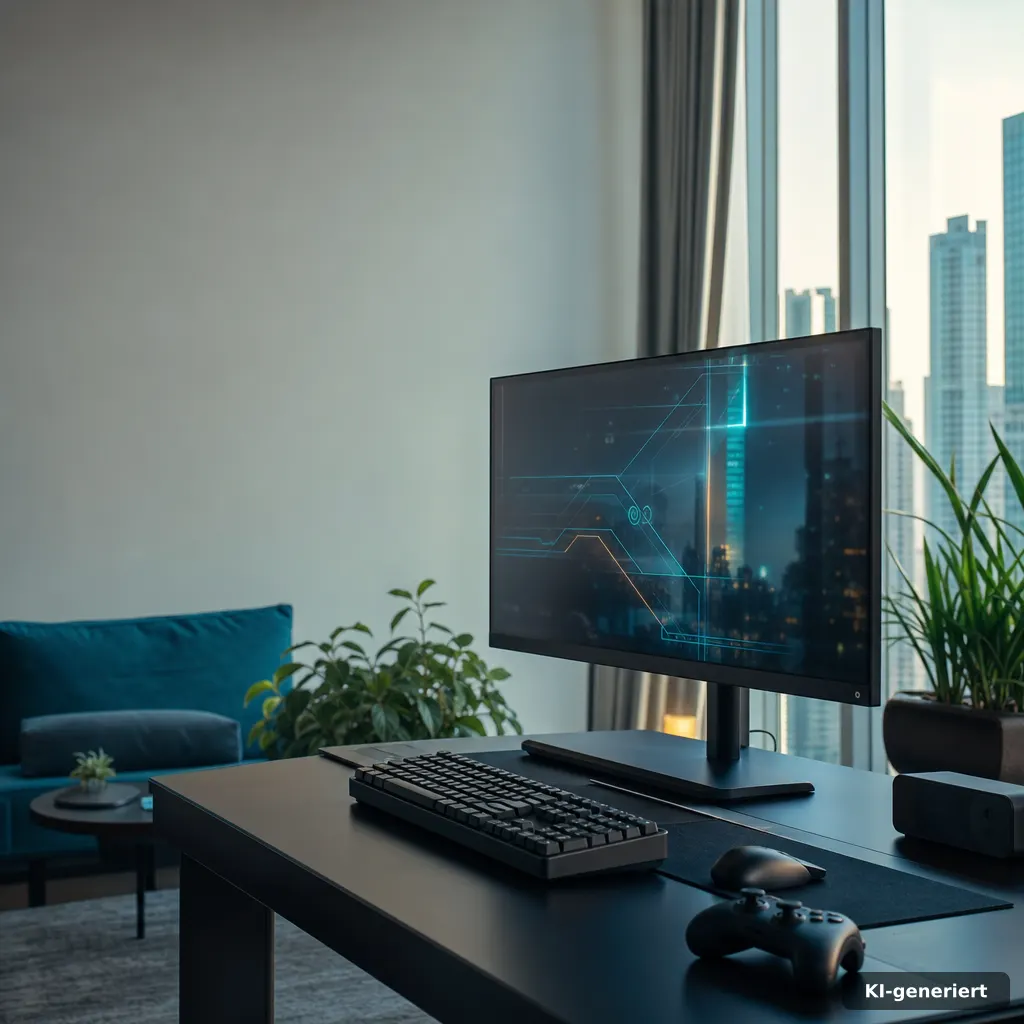 photograph of a modern gaming setup in a city apartment living room, keyboard and mouse on desk, controller nearby, moni