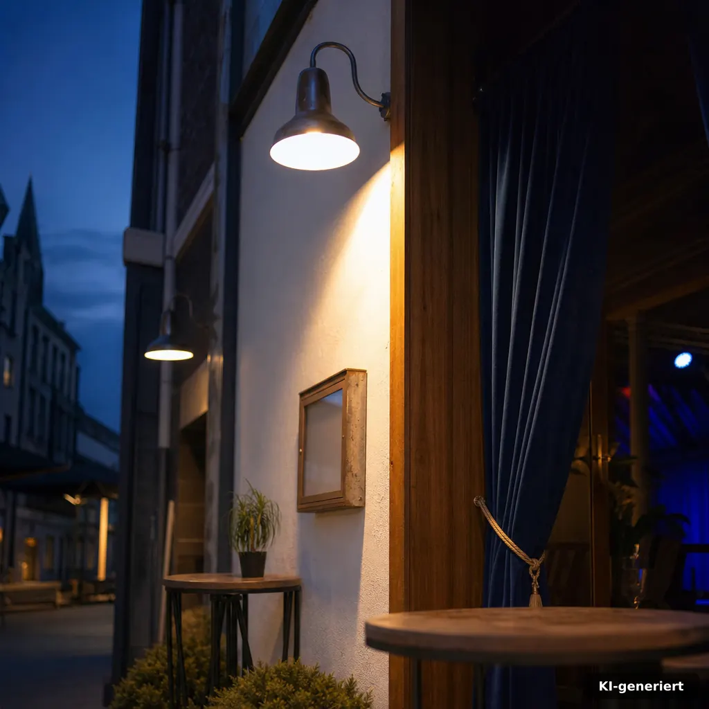 Comedy Flash – die Stand up Comedy Show Neuss 2026 2 editorial photograph of a cozy Neuss venue entrance sign and stage curtains hint, documentary style, natural golden-hour