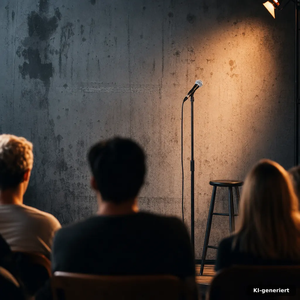 Comedy Flash – die Stand up Comedy Show Neuss 2026 3 documentary-style photograph of a small comedy club stage setup with microphone on stand, blurred audience silhouettes,