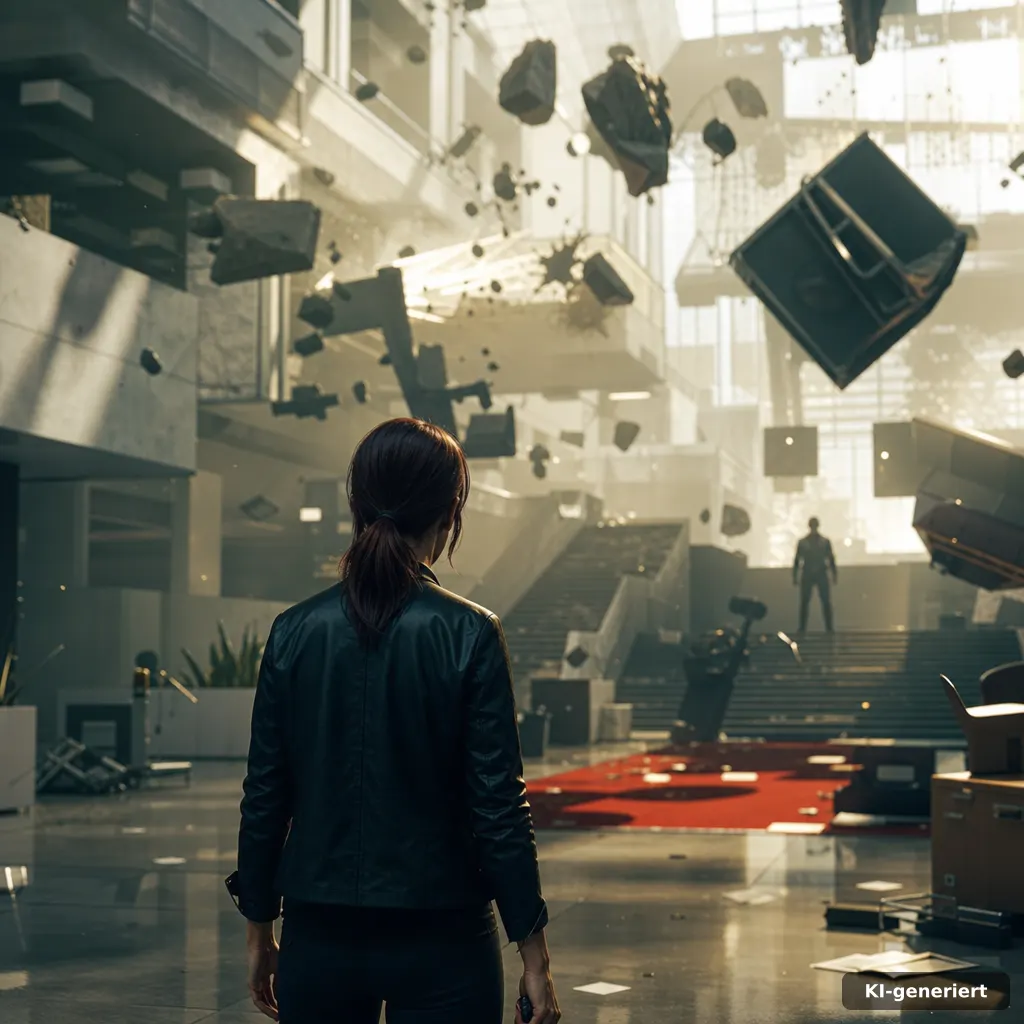 Control Resonant gameplay zeigt Schwerkraft-Manipulation und Chaos, editorial Szene mit Gaming-Setup und dynamischen Effekten