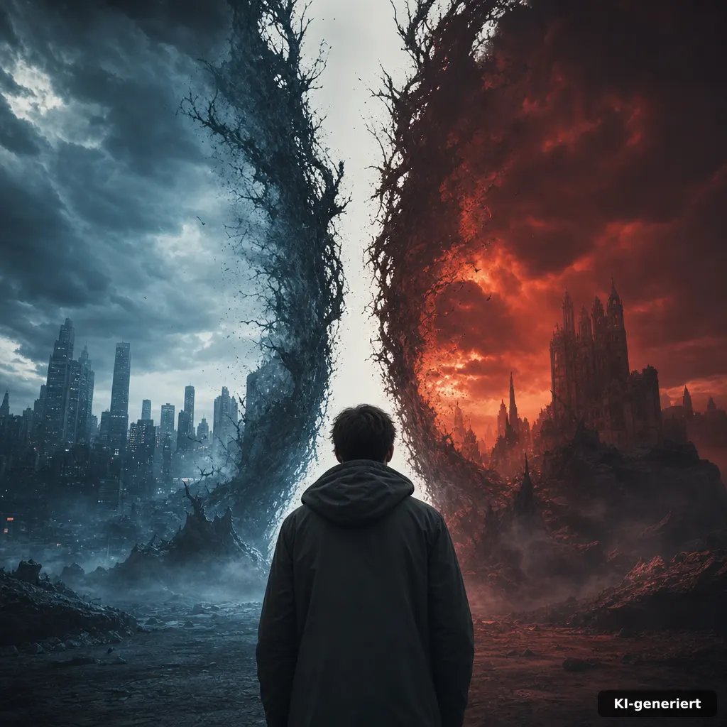 editorial photograph of a dark fantasy portal splitting into two sides, subtle blue-red lighting, cinematic atmosphere, 