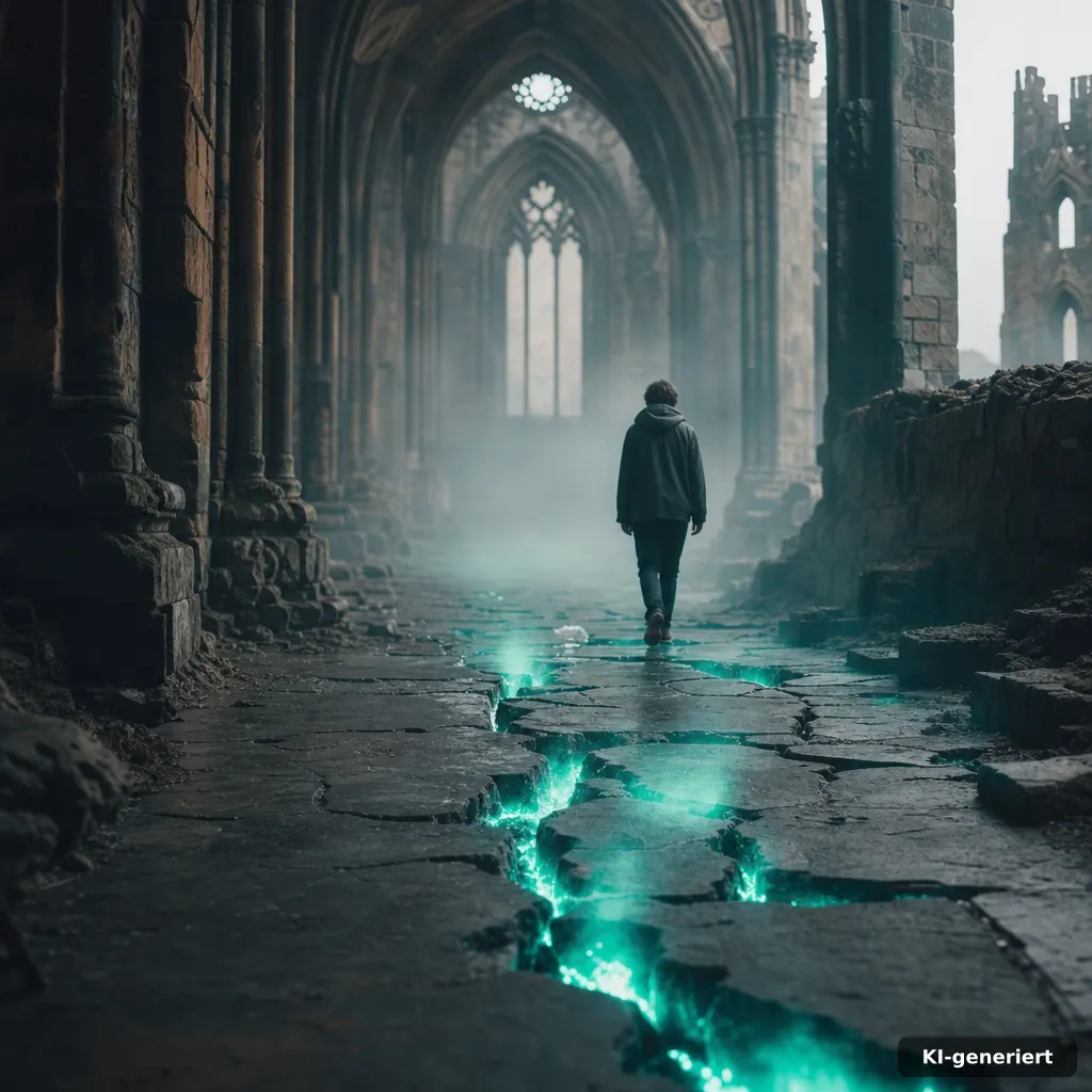 documentary style photograph of a ruined cathedral corridor with fog and glowing rift cracks in the floor, moody lightin