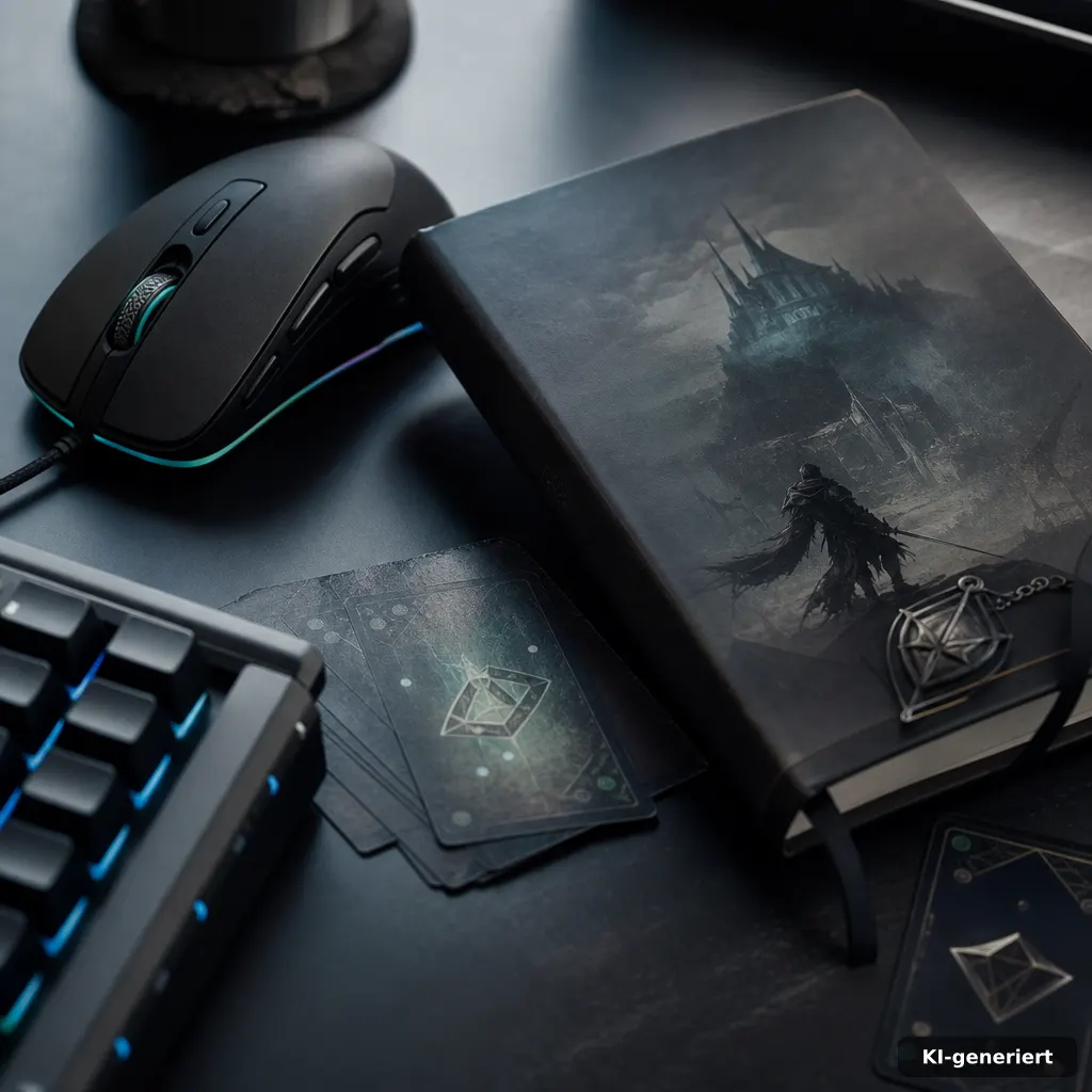 close-up photograph of a gaming mouse and keyboard beside a dark themed action-RPG notebook, abstract loot cards and gea