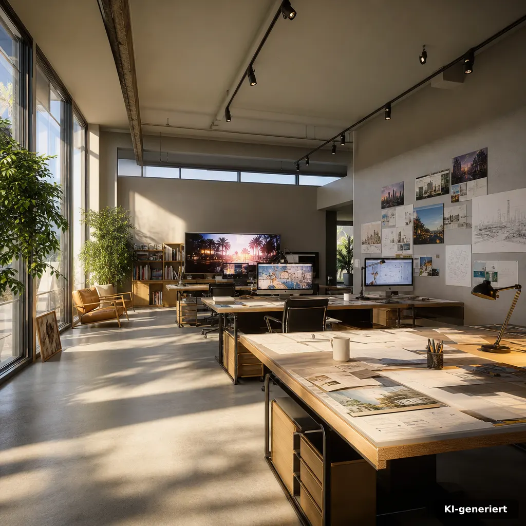 GTA 6 trailer Desk Setup im Coworking-Stil, warmes Licht und Magazin-Stack, Fokus auf GTA 6 trailer