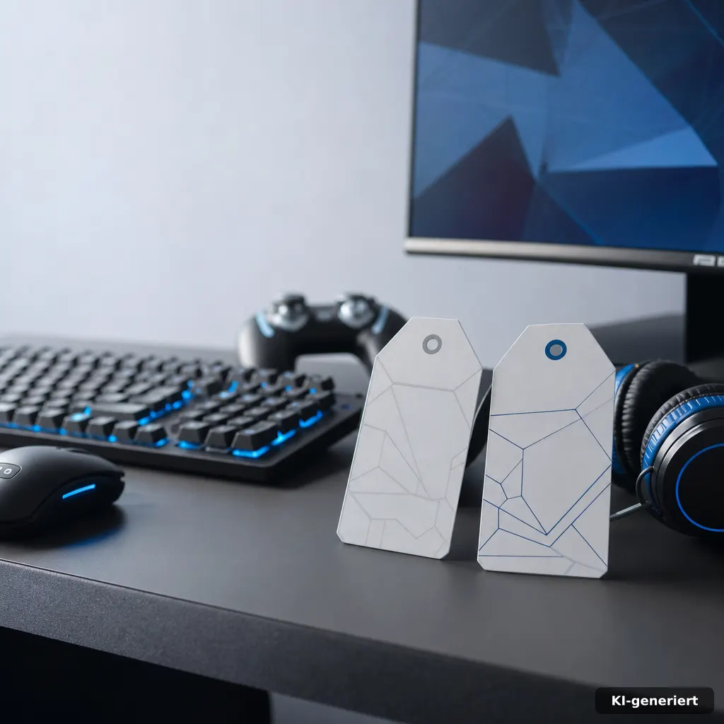 editorial photo of a gaming desk with two price-tag style cards showing 80 EUR and 100 EUR, neutral lighting, shallow de