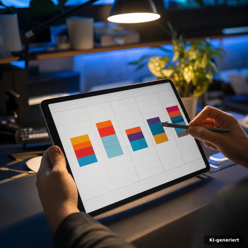 close-up photo of a comparison spreadsheet on a tablet with abstract bar blocks labeled only by color shapes (no text), 