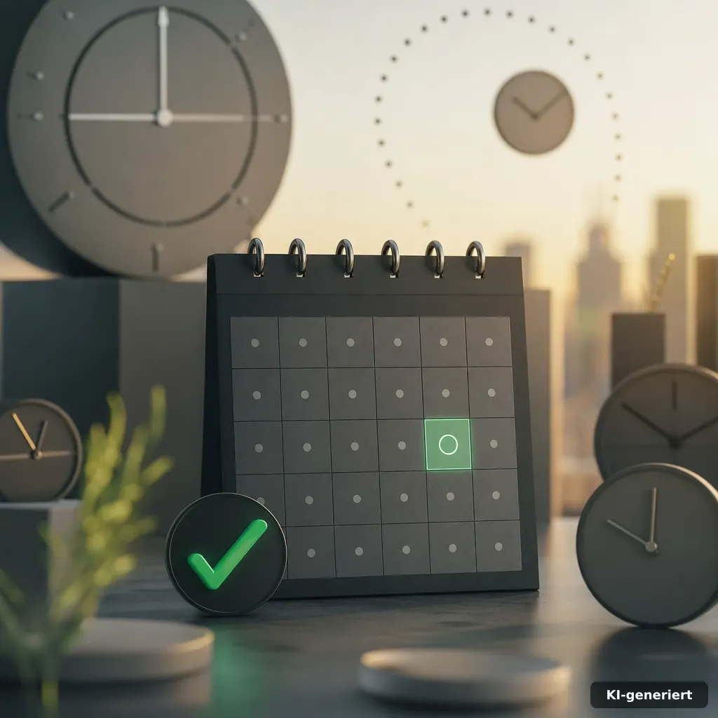 photograph of a digital calendar reminder with a highlighted day after one month, abstract clocks and checkmark icons wi
