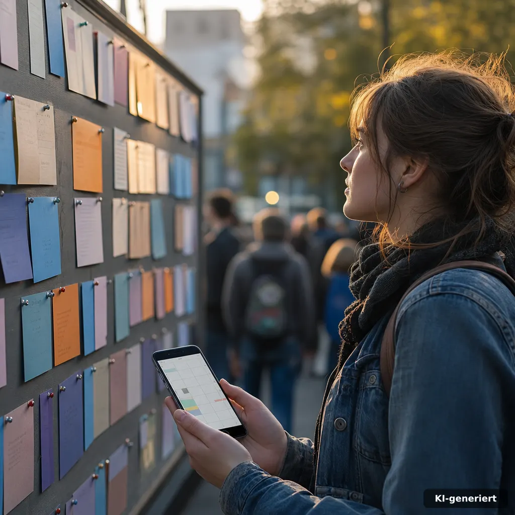 Johannismarkt Neuss 2026: Termine & Programm im Juni 2 editorial photo of a city event calendar board with pinned schedules and a smartphone showing a blank timetable interfac