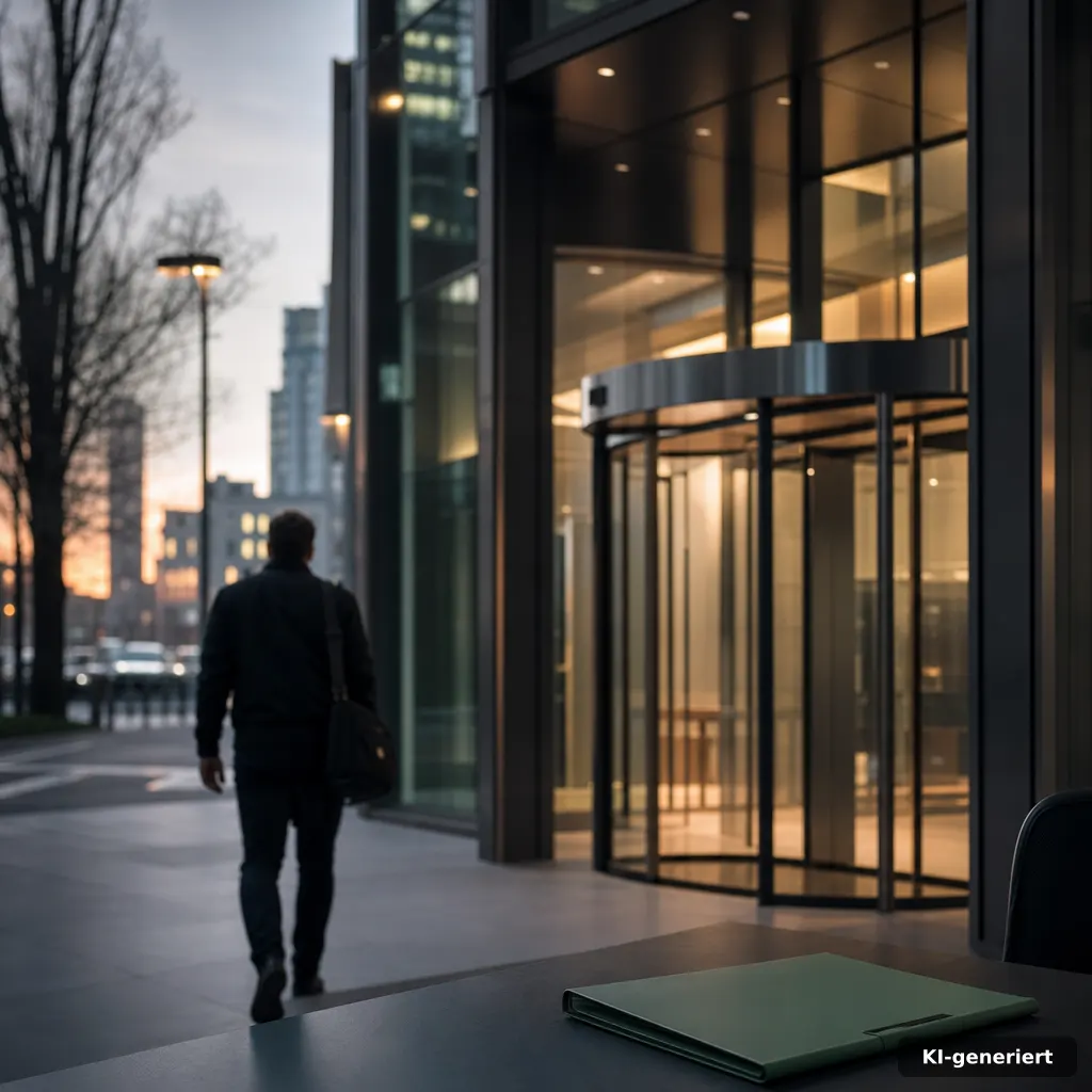 Johannismarkt Neuss 2026: Termine & Programm im Juni 4 documentary-style photo of a city office entrance at dusk with soft warm highlights, a closed folder on a desk edge, no
