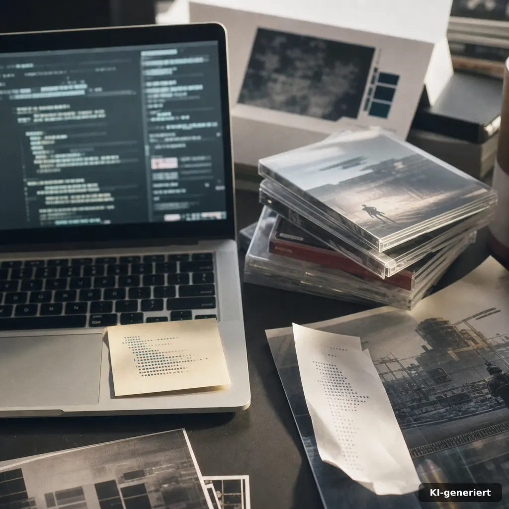 documentary photo of a desk with a laptop showing blurred code-like text blocks, a printed prompt snippet on a small sti