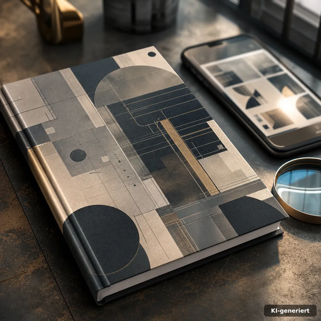 close-up editorial photo of a printed book cover mockup lying next to a blurred smartphone with a product page, a small 