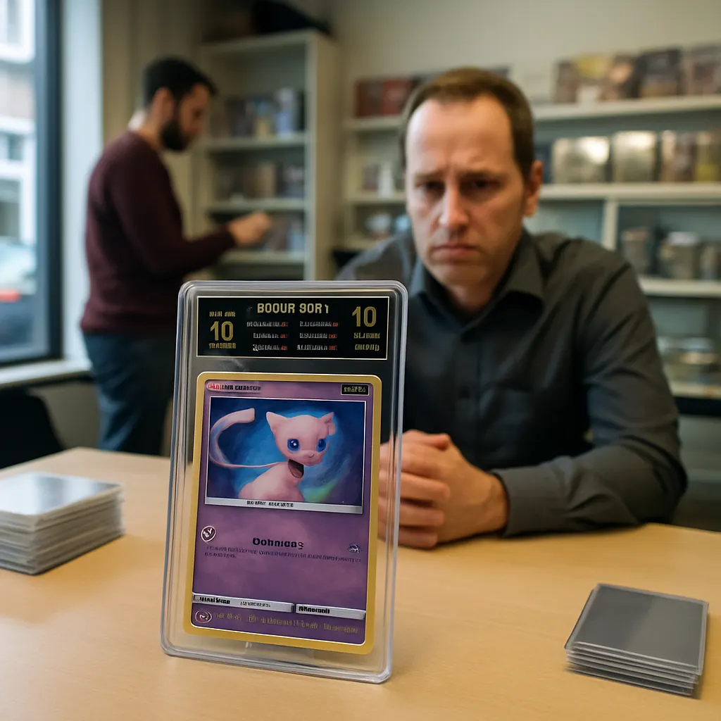 Pokémon Karten Verkauf: Schlanke Black-Label Mew-Slab Szene mit dramatischem Studio-Licht