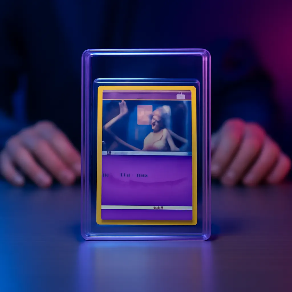 Pokémon Karten Verkauf: Black Label Mew Verkauf 2025 2 photograph of a Pokémon card slab on a desk under dramatic studio lighting, dark blue and purple neon reflections, one p