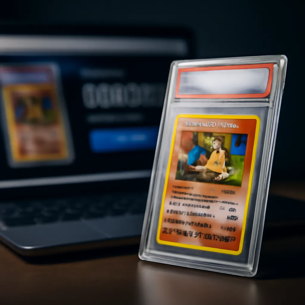 Pokémon Karten Verkauf: Black Label Mew Verkauf 2025 3 editorial photo of an auction listing on a laptop screen with blurred interface, a Pokémon card slab in the foreground w