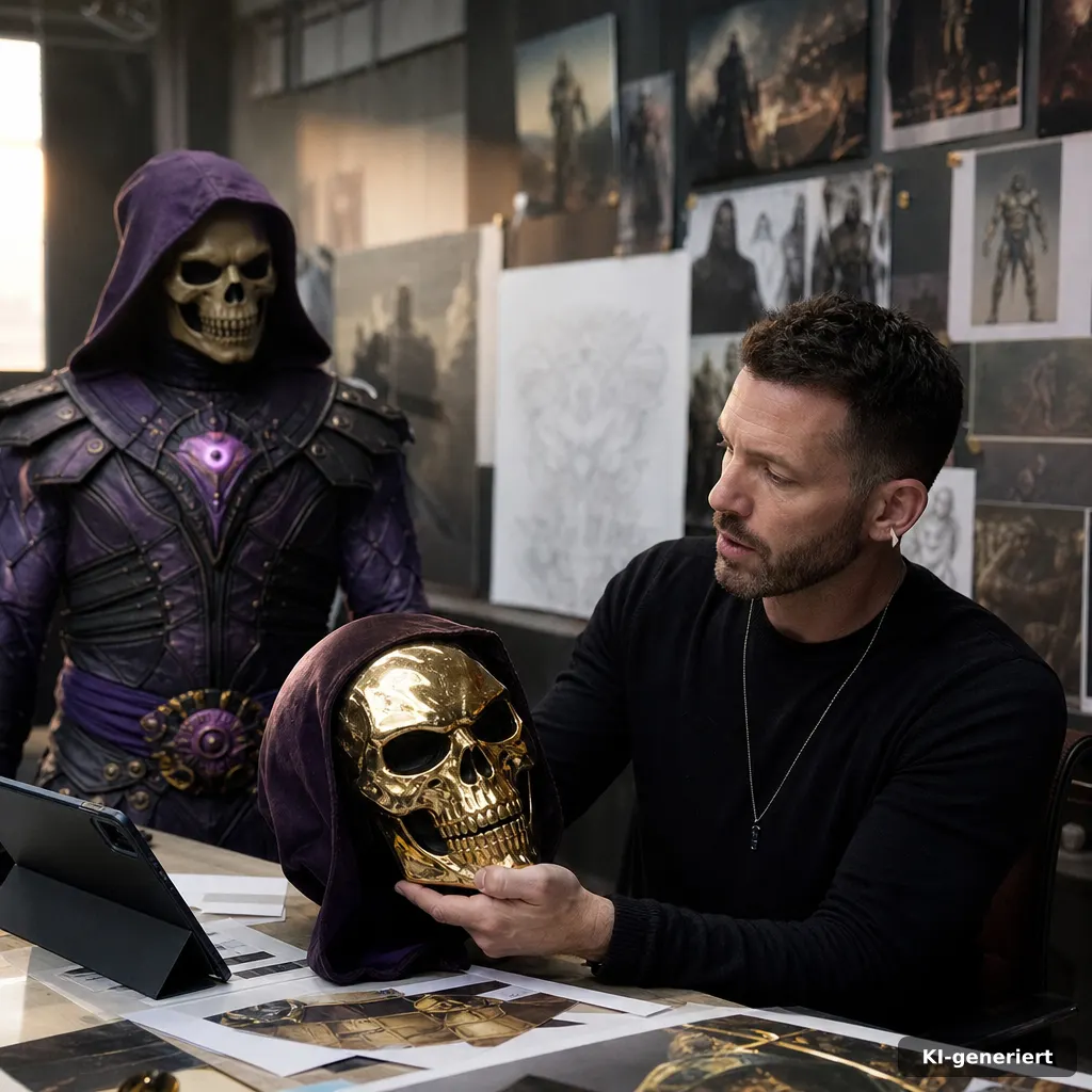 Corkboard mit Masters of the Universe Film Designideen, Fokus auf Skeletor Gold-Maske, editorial Stil