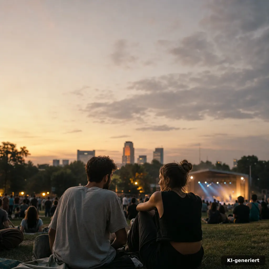 Neusser Feierabendmarkt Neuss: Termine & Infos 2026 2 editorial photo of a summer evening concert area in a city park, warm soft street lighting, small crowd silhouettes, a h