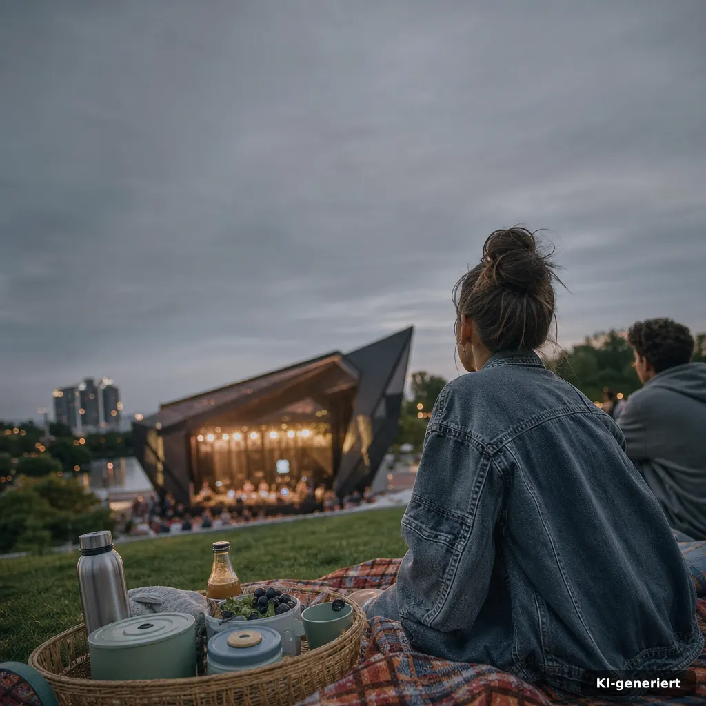 Neusser Feierabendmarkt Neuss: Termine & Infos 2026 3 documentary photo of a picnic setup on a lawn near an evening concert venue, colorful blanket, reusable containers and d