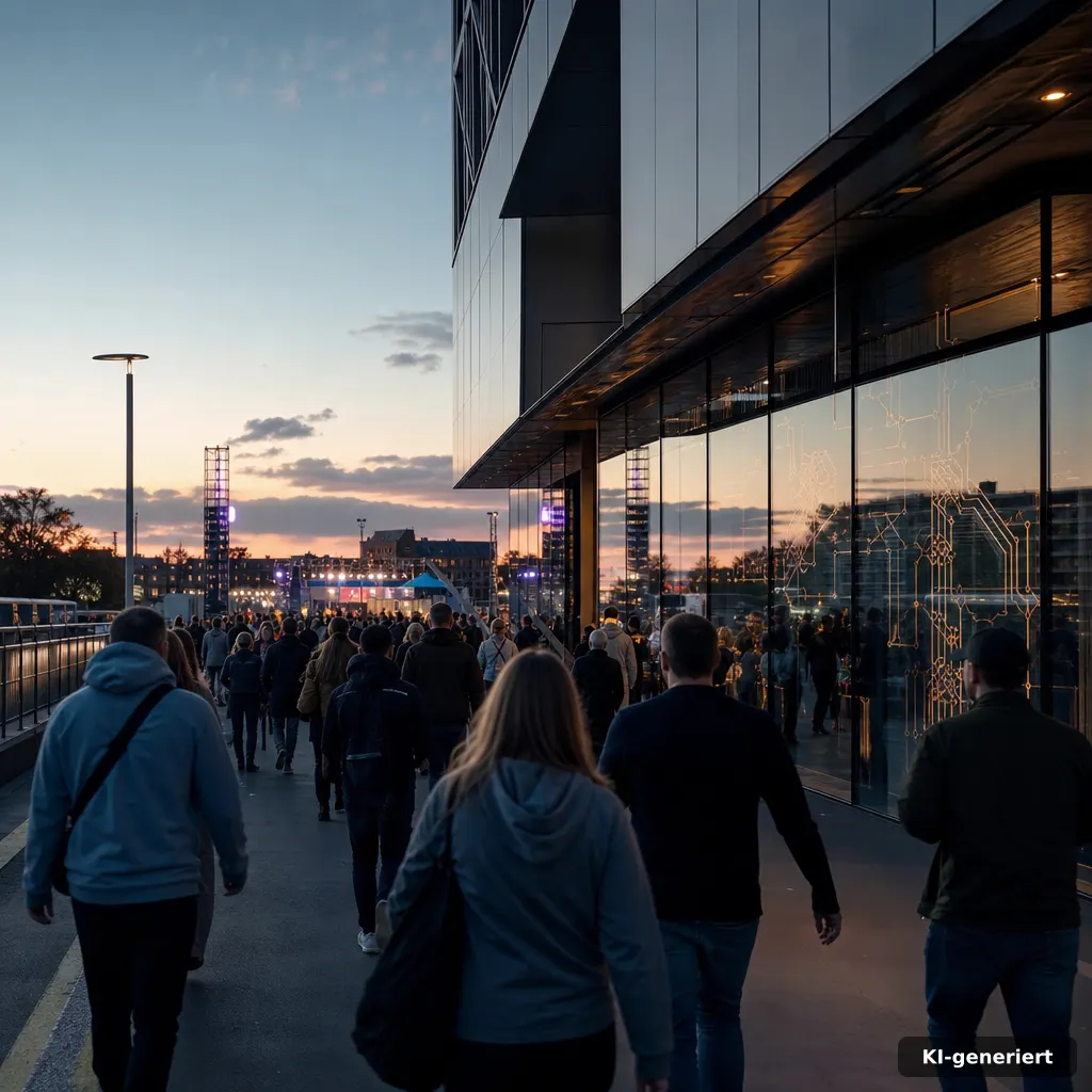 Neusser Feierabendmarkt Neuss: Termine & Infos 2026 4 modern editorial street scene in Neuss, evening light, pedestrians walking toward an open-air event area, subtle tech-st