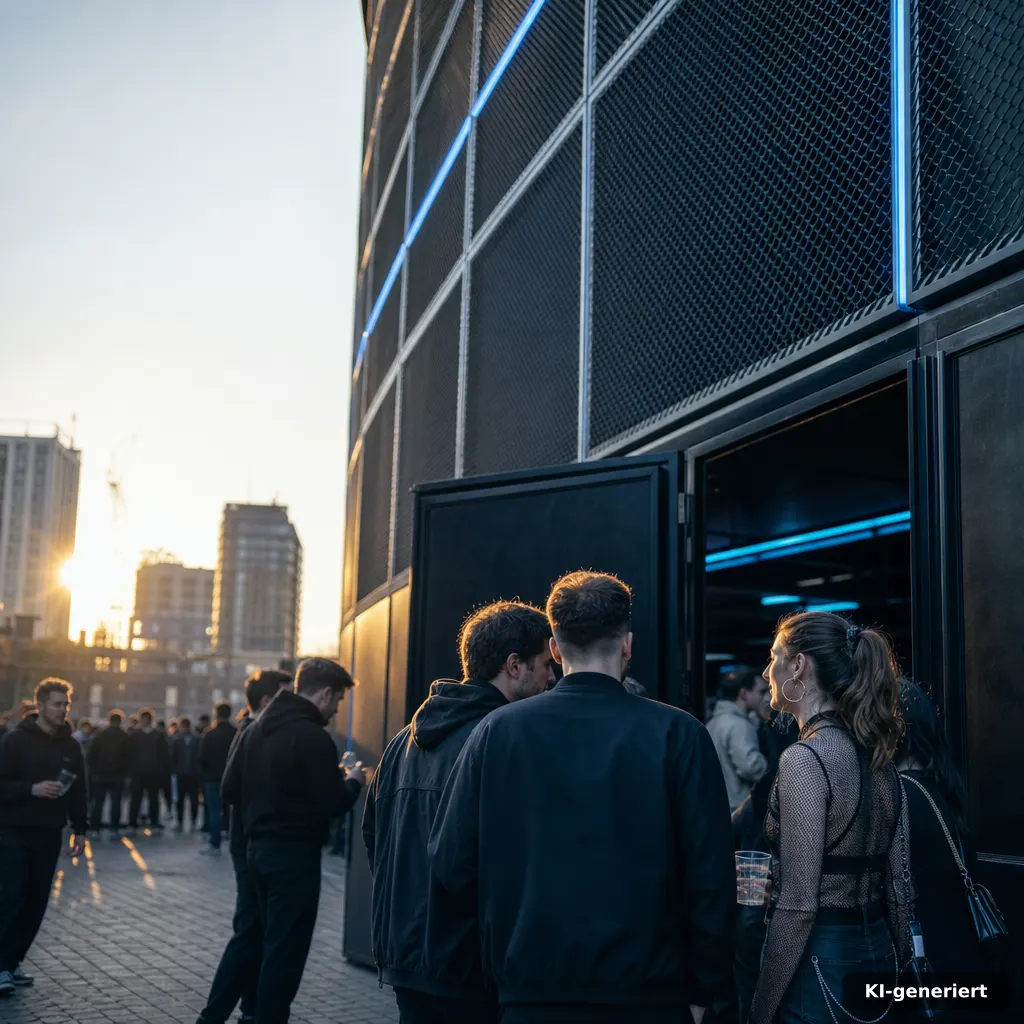 editorial photo of a Berlin concert venue entrance at golden hour with subtle music-industry vibe, soft daylight, 35mm l