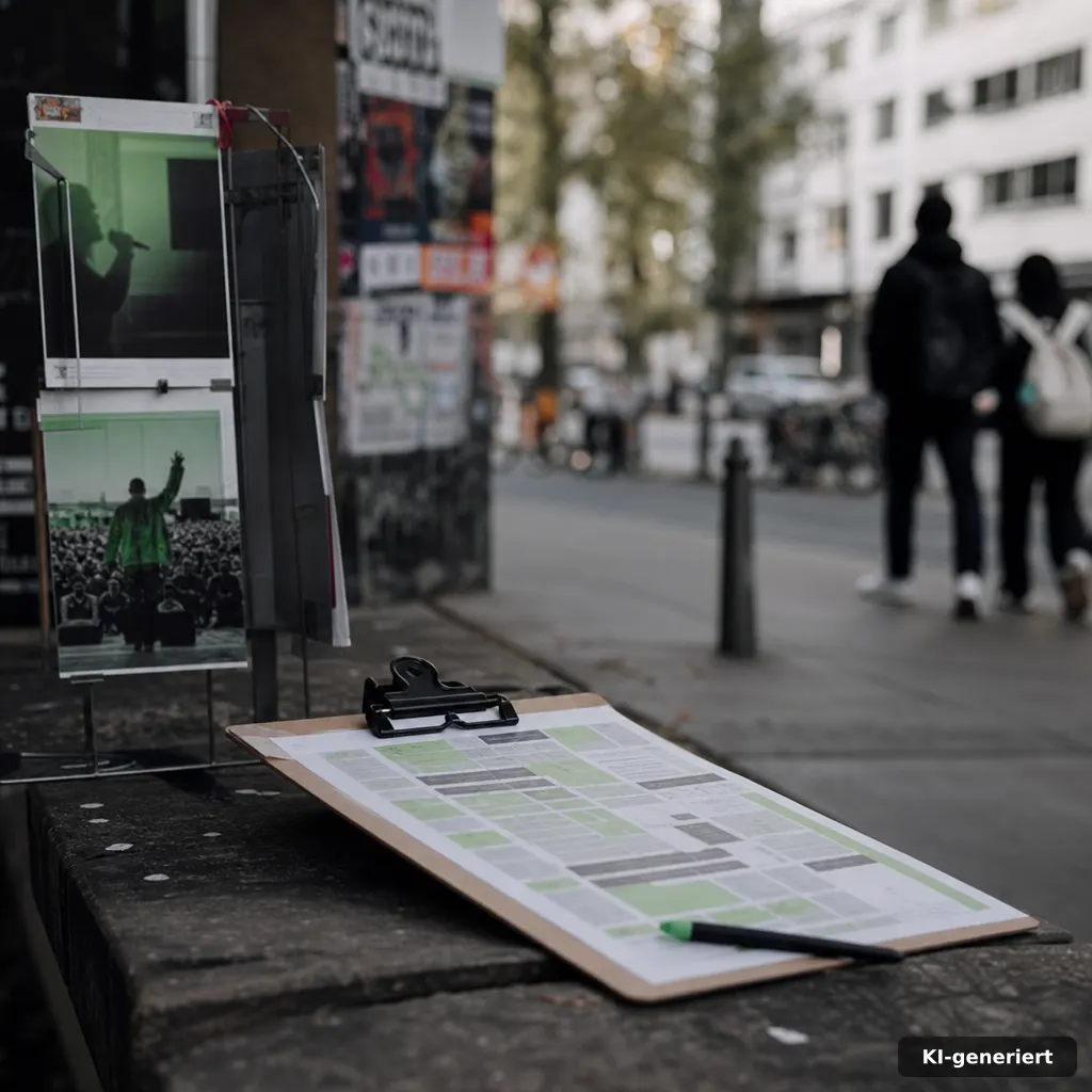documentary street scene in Berlin with a small poster stand, festival flyers blurred in background, focused on a clipbo