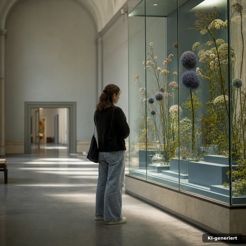 Röskes, Sträußchen, bunte Hörner: Schützenfest-Neuss 2026 2 photograph of a quiet museum gallery corridor with a floral-themed display case and soft daylight, editorial documentary
