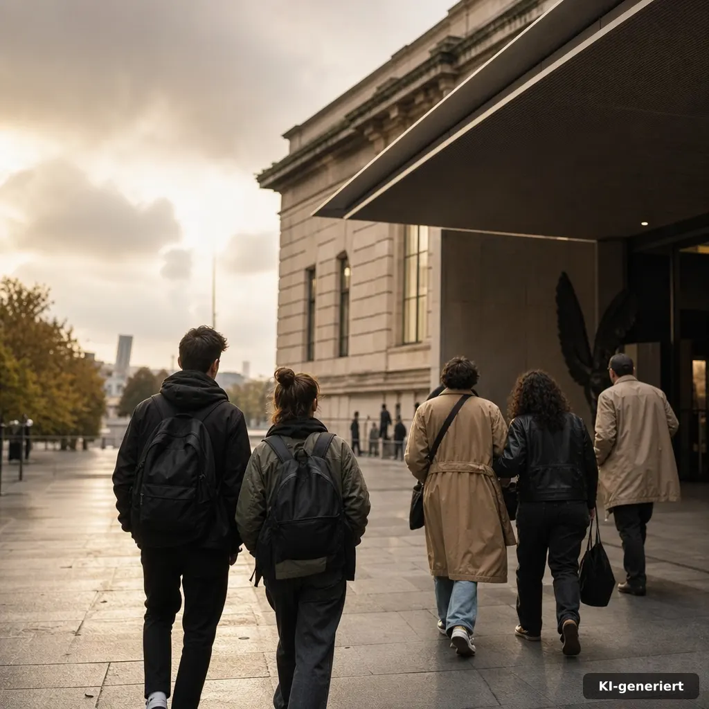Röskes, Sträußchen, bunte Hörner: Schützenfest-Neuss 2026 3 editorial photo of a small group walking toward a museum wing with warm street ambience outside, documentary style, over