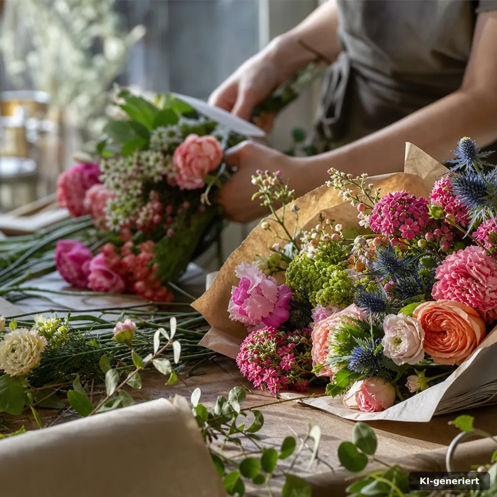 Röskes, Sträußchen, bunte Hörner: Schützenfest-Neuss 2026 4 close-up editorial photo of handmade flower bouquets with lilies absent, using mixed bright stems and paper-wrapped peta
