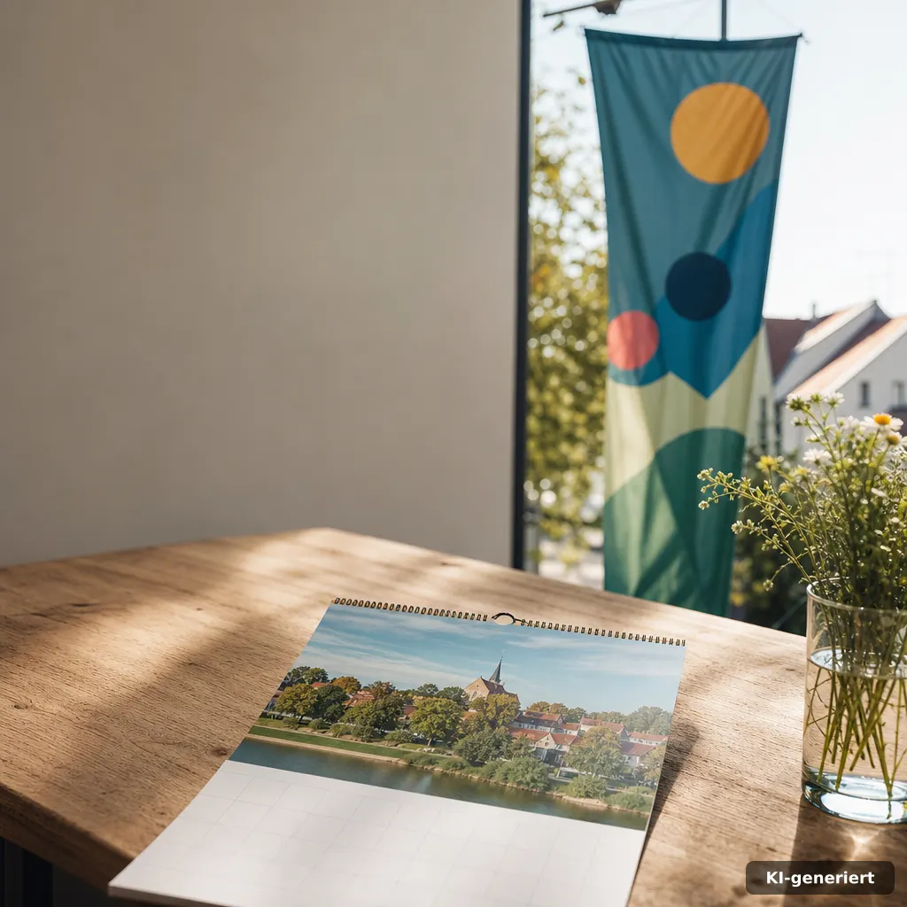 editorial photo of a sunny small-town festival banner and a calendar page on a wooden table, subtle blue-green lighting,