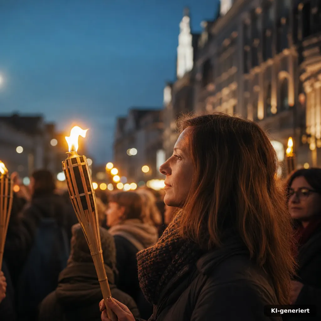 photograph of people holding torches during an evening procession in an urban street, warm highlights and cool night amb