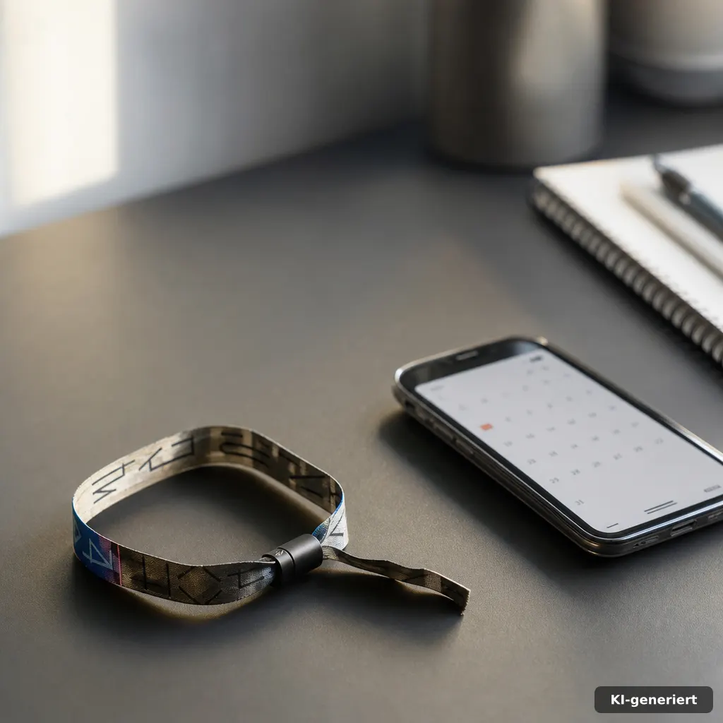 documentary photo of an empty festival wristband holder and a smartphone calendar with blurred dates on a desk, cool neu